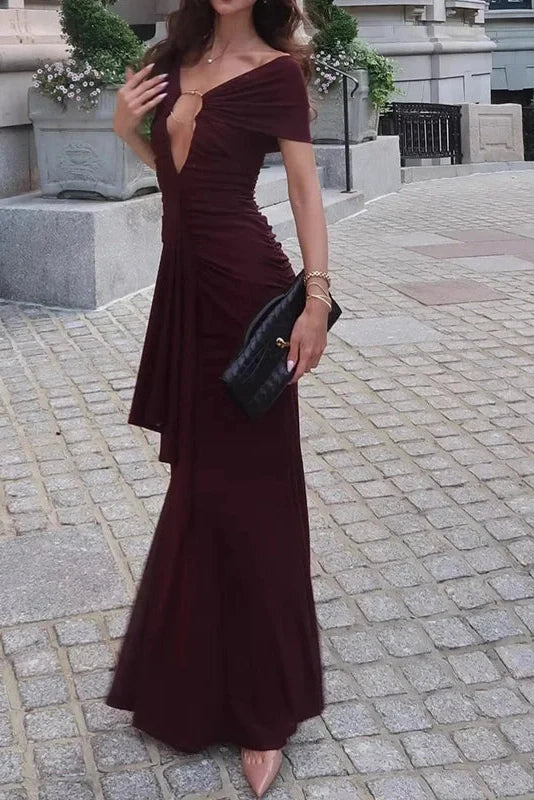 Hollow Out Slash Collar Slim High Waist Pleated Maxi Dress