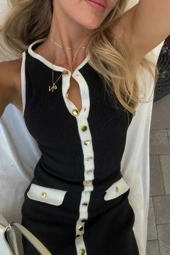 Sleeveless Patchwork High Waist Pocket Maxi Dress