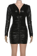 Pleated Long-Sleeved V-Neck Slim Patchwork Mini Dress