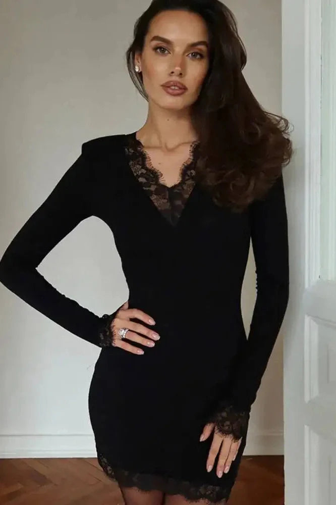 Lace V Neck Long Sleeve Patchwork Bodycon Mini Dress