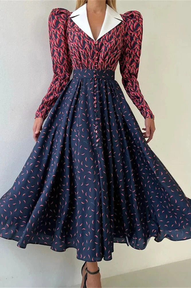 Printed V-Neck Patchwork Long Sleeve High Waist Midi Dress