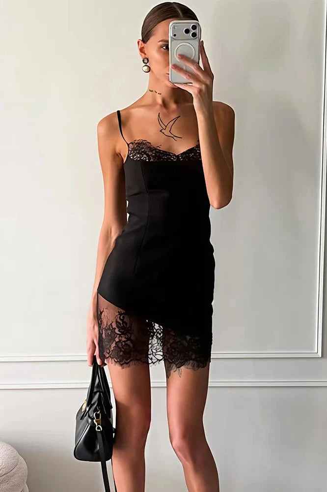 Spaghetti Strap Lace Off-Shoulder Sleeveless Backless Mini Dress