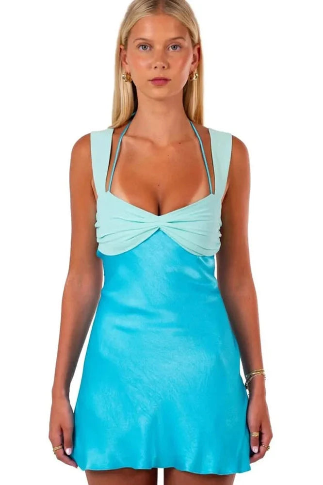 Patchwork Sleeveless Strapless Lace-up A-line Mini Dress