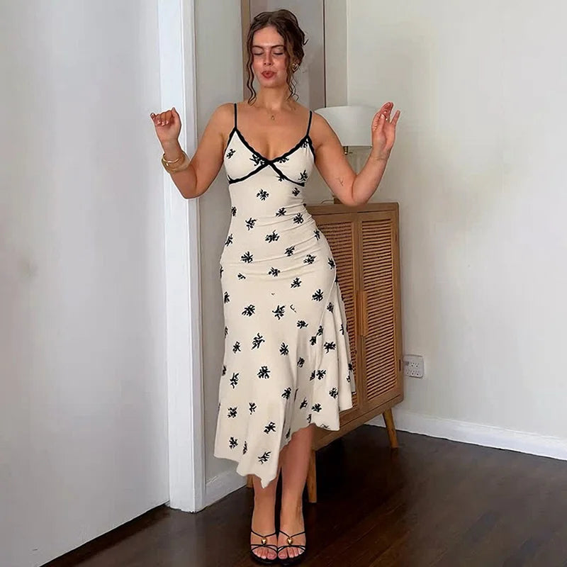 Lace Printed V Neck Spaghetti Strap Slim Midi Dress