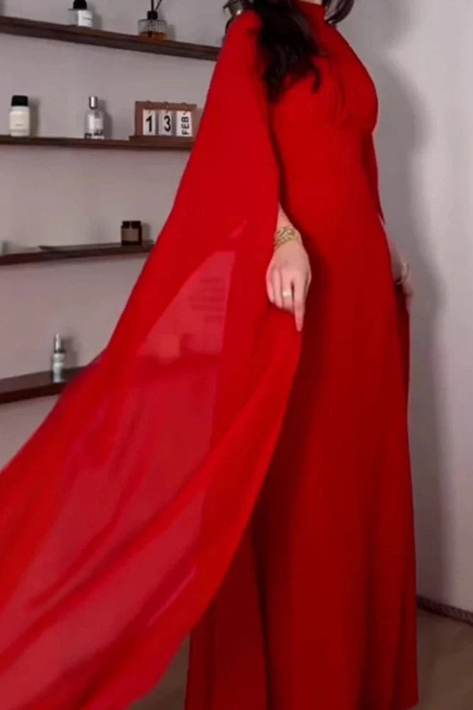 Elegant O-Neck Slit Long Sleeve Pleated High Waist Maxi Dress