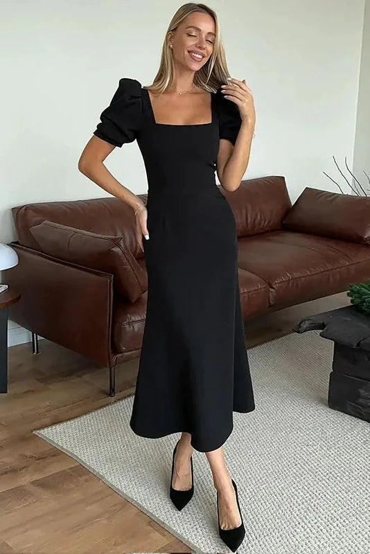 Elegant Square-Neck Short-Sleeved Slim Midi Dress