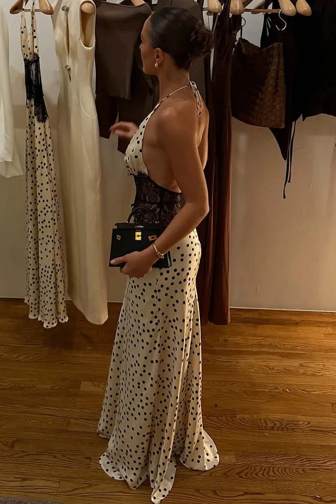 Polka Dot Backless Patchwork Lace Deep V Neck Sleeveless Bodycon Maxi Dress