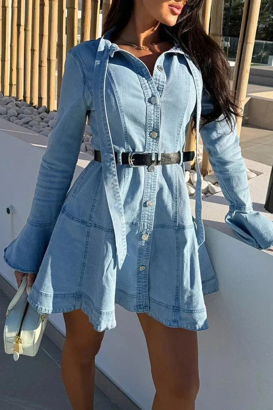 Long Sleeve Slim Pleated Lace Up Mini Dress