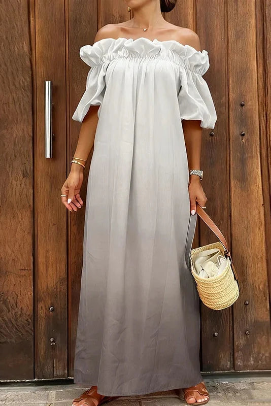 Off-Shoulder Pleated Loose Slash Collar Printed Maxi Dress