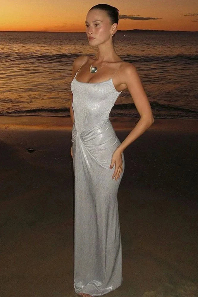 Spaghetti Strap Sparkle Sleeveless Backless Maxi Dress