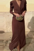 Elegant V-Neck Slim Long Sleeve High Waist Maxi Dress