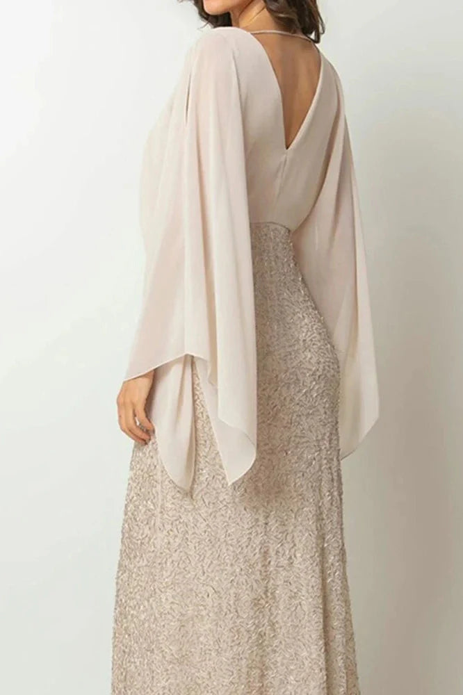 Elegant V-Neck Sleeve High Waist Maxi Dress
