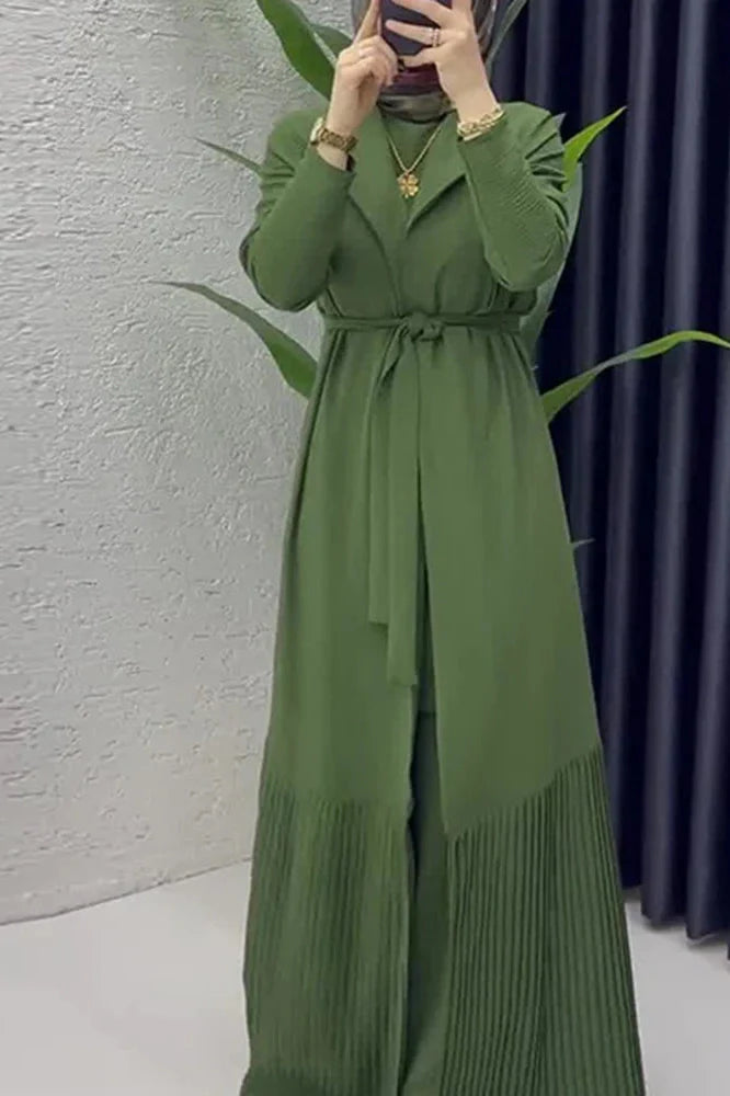 Elegant O-Neck Long Sleeve High Waist Pleated Maxi Dress