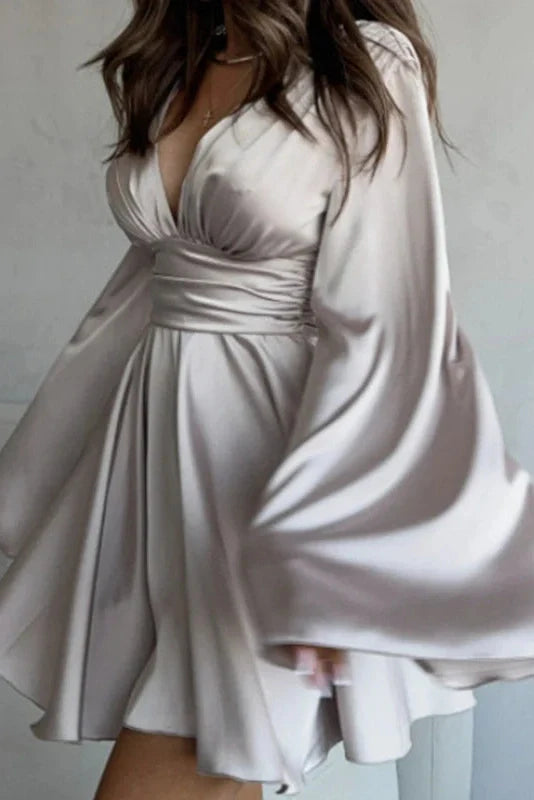 Elegant Long Sleeve Deep V Neck High Waist Mini Dress
