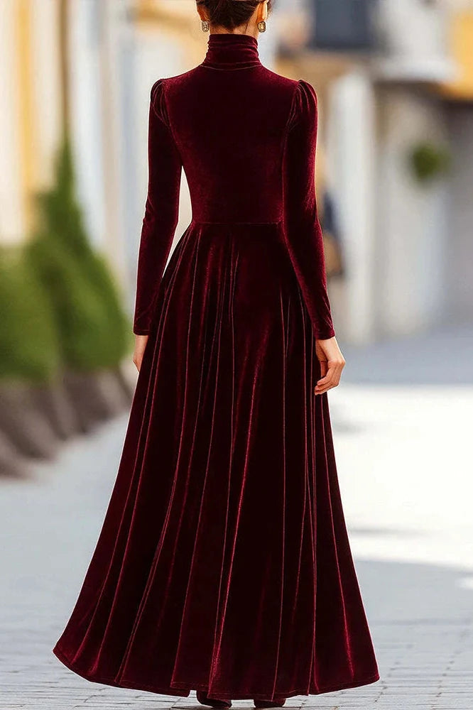 Elegant High Collar Long Sleeve Slim Pleated Maxi Dress