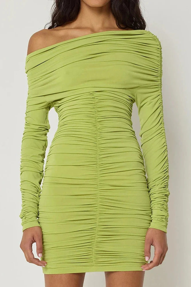 Inclined Shoulder Long Sleeve Backless Mini Dress