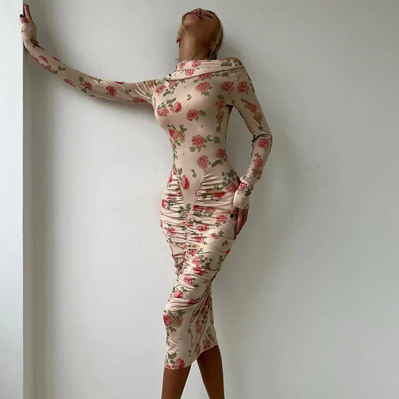 Printed Pleated Long Sleeve Bodycon Midi Dress