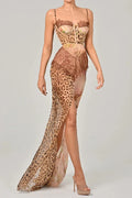 Printed Lace Split Patchwork Sleeveless Backless Maxi Dress