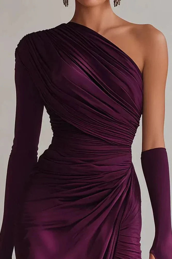 Elegant One-Shoulder High Waist Pleated Slim Slash Collar Maxi Dress