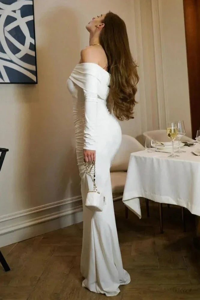 Pleated Slim Patchwork Off-Shoulder High Waist Maxi Dress