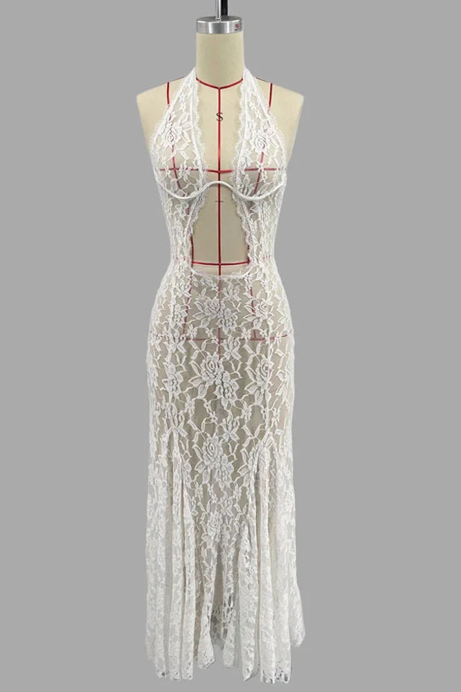 Lace Printed Backless See-Through Patchwork Maxi Dress