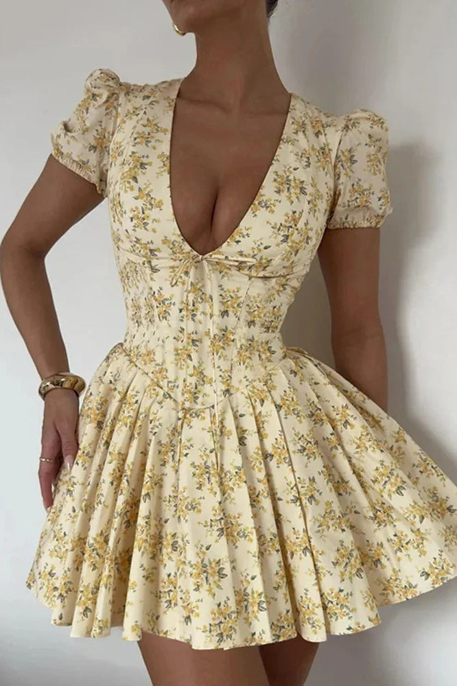 Deep V Neck Print Lace-up Short Sleeve A-line Mini Dress