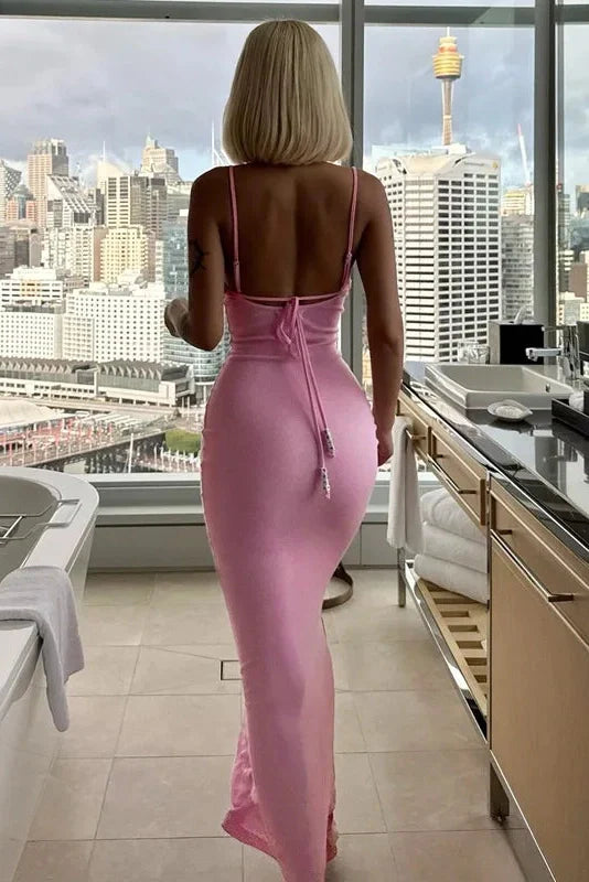 Spaghetti Strap Backless Slim Sleeveless High Waist Midi Dress