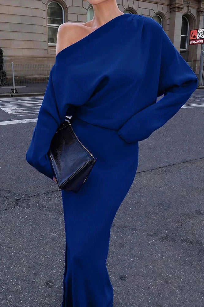 Elegant Long Sleeve Slash Collar Maxi Dress