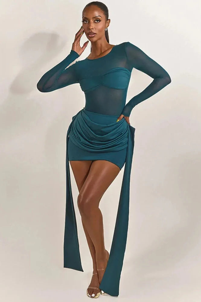 Patchwork See Through Long Sleeve Mini Dress