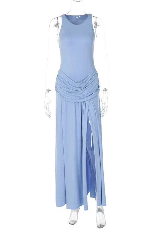 Elegant Slit Pleated Sleeveless Slim High Waist Patchwork Maxi Dress