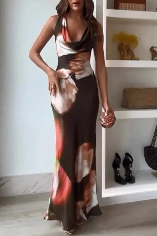Elegant High Waist Printed Sleeveless Backless Bodycon Maxi Dress