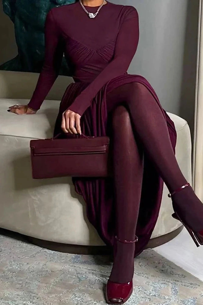 Elegant High Waist O-Neck Pleated Irregular Maxi Dress