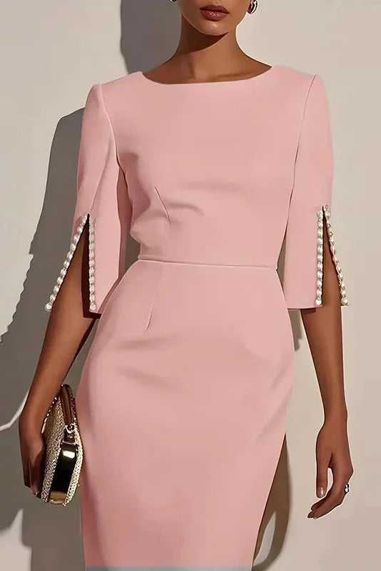 Elegant O Neck Split Half Sleeve Slim Midi Dress