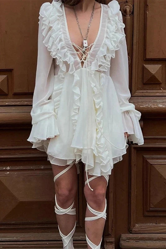 Elegant Long-Sleeved V-Neck High-Waisted Mini Dress