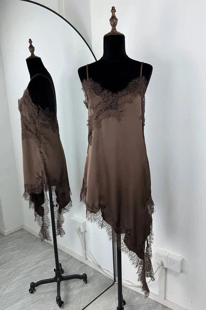 Lace Backless Slit Spaghetti Strap Slim High Waist Irregular Mini Dress
