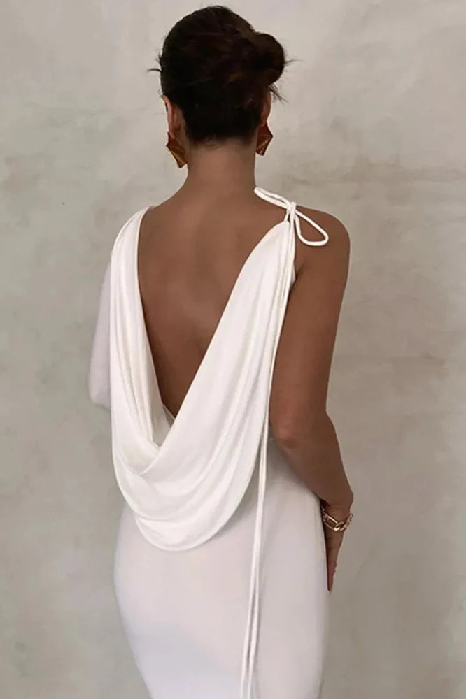 Elegant V Neck One Sleeve Lace-up Backless Maxi Dress