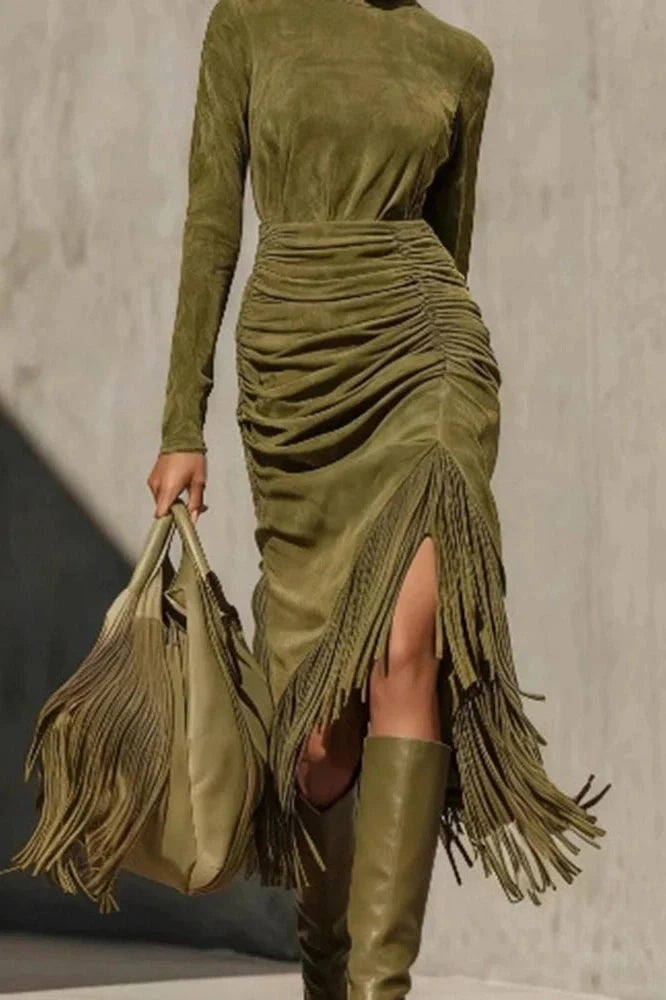 Long Sleeve Turtleneck Fit High Waist Midi Dress