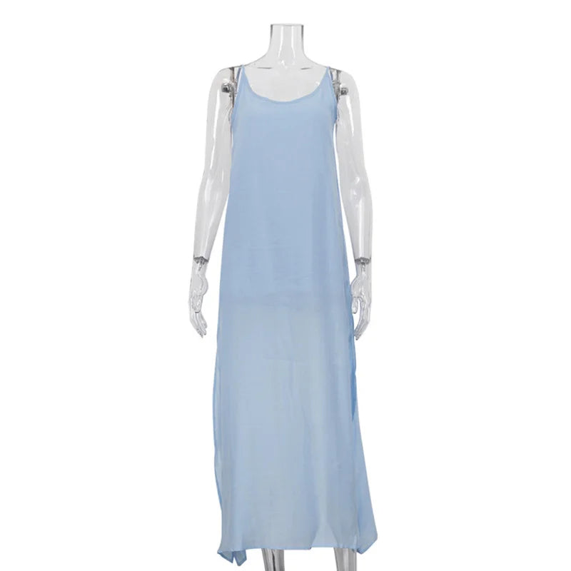 Spaghetti Strap O Neck Sleeveless Slit Maxi Dress