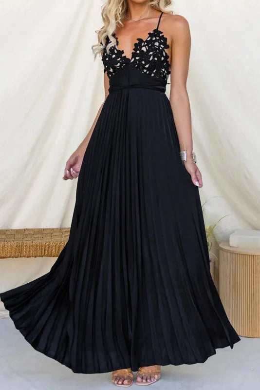 Backless Pleated Lace Sleeveless High Waist Maxi Dress