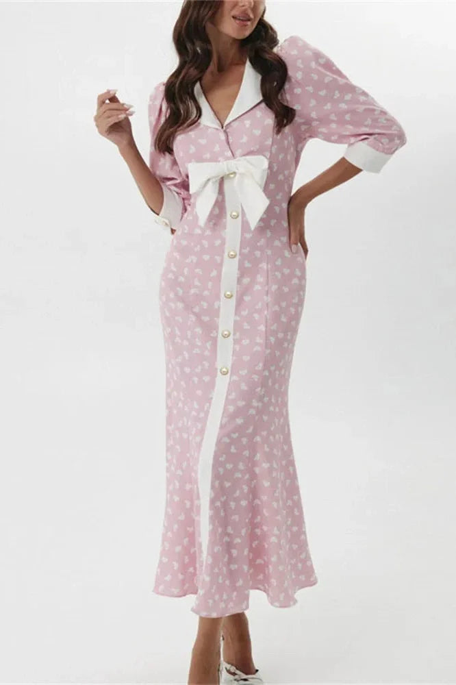 Printed V-Neck Patchwork Midi Dress