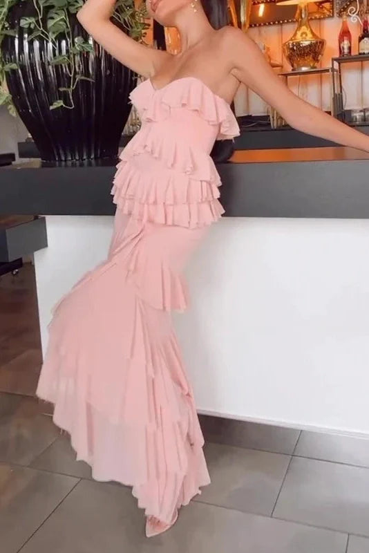 Elegant High Waist Split Strapless Maxi Dress