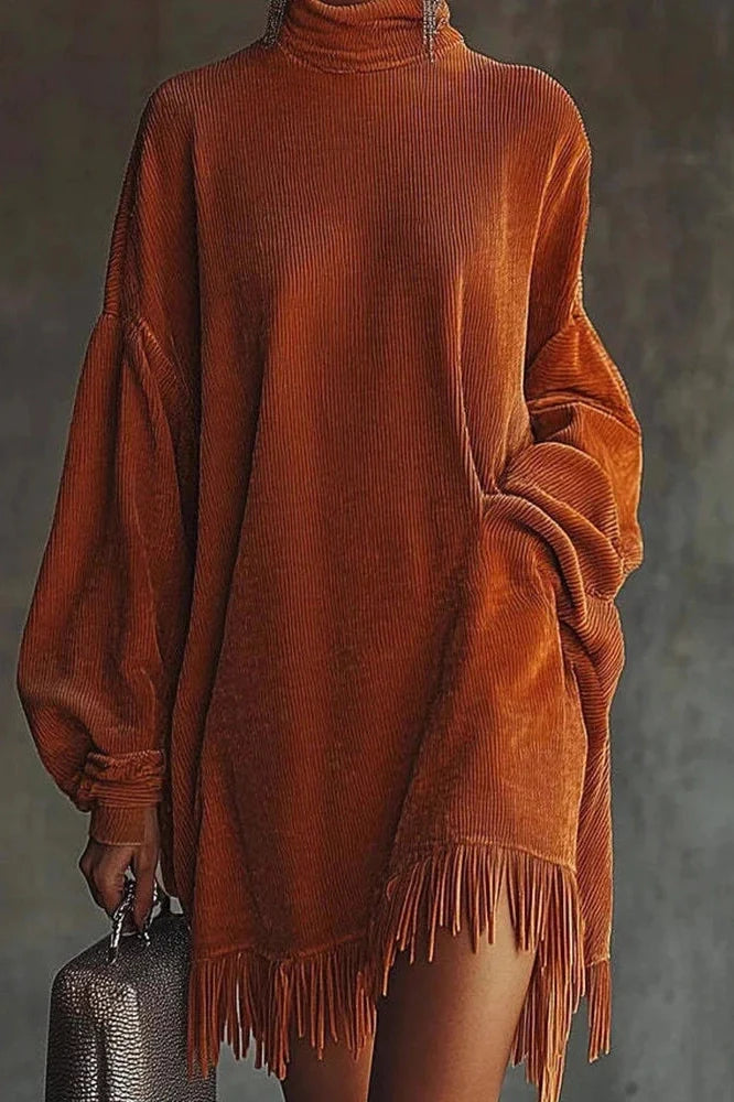 Elegant High Waist Long Sleeve High Collar Loose Mini Dress