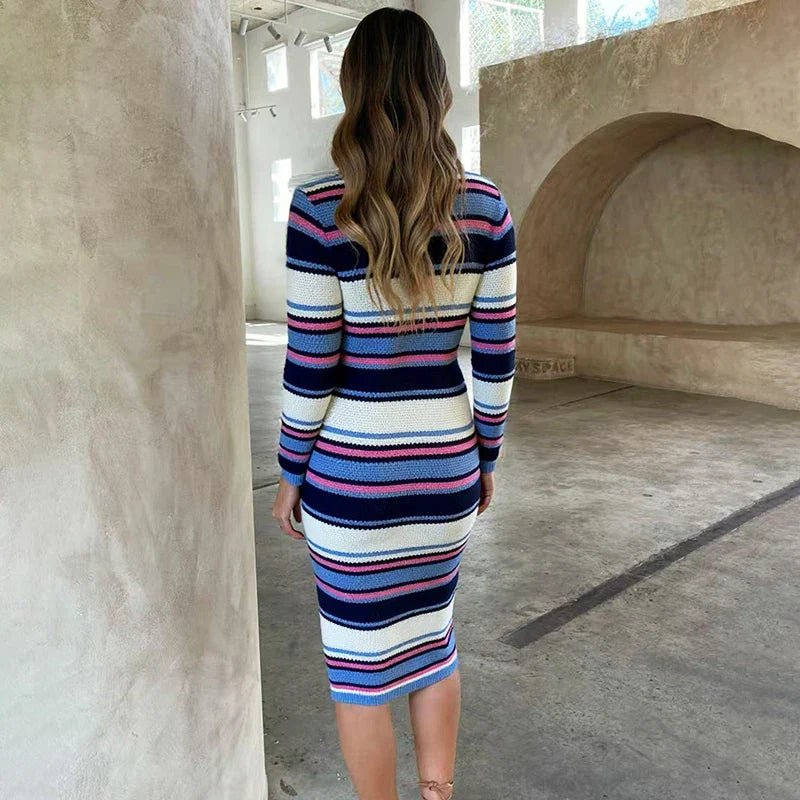 Striped Knit V-Neck Slim Long Sleeve Patchwork Midi Dress