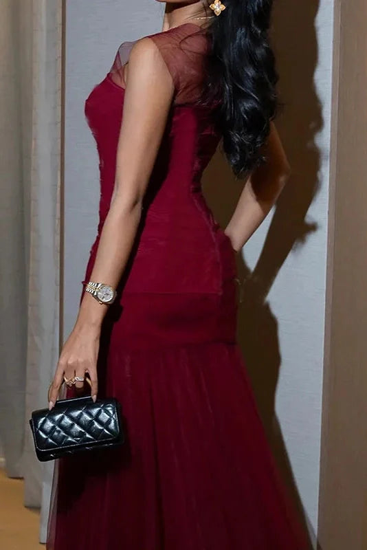 Elegant High Waist Slim Pleated Maxi Dress