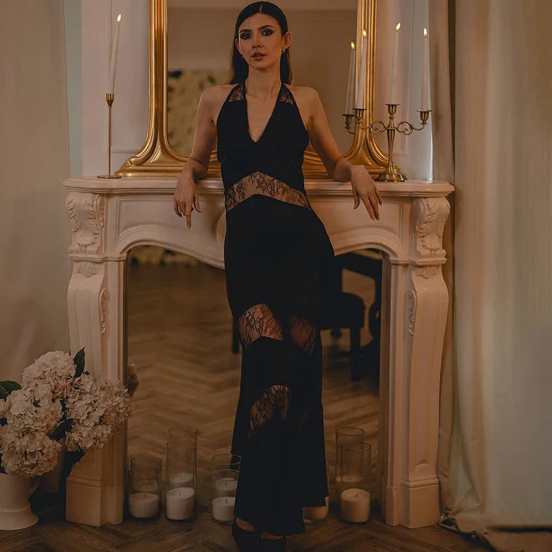 Lace Deep V Neck Backless Slim Maxi Dress