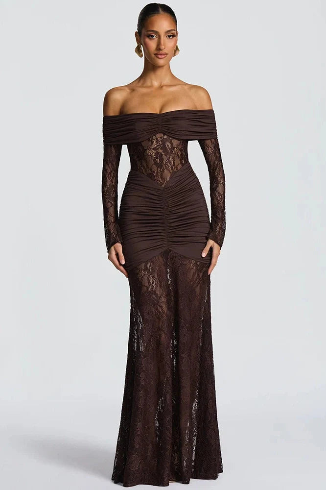 Off-Shoulder Long Sleeve Lace See Through Strapless Bodycon Maxi Dress