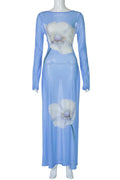 See Through Printed Long Sleeve Lace-Up Backless Maxi Dress