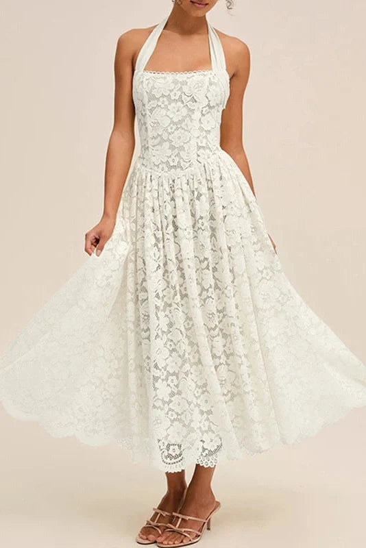 Hollow Out Backless Sleeveless Slim Pleated Lace Midi Dress