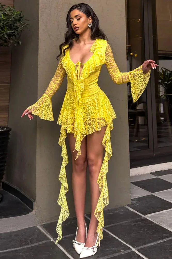 Lace Deep V Neck Long Sleeve A-line Mini Dress