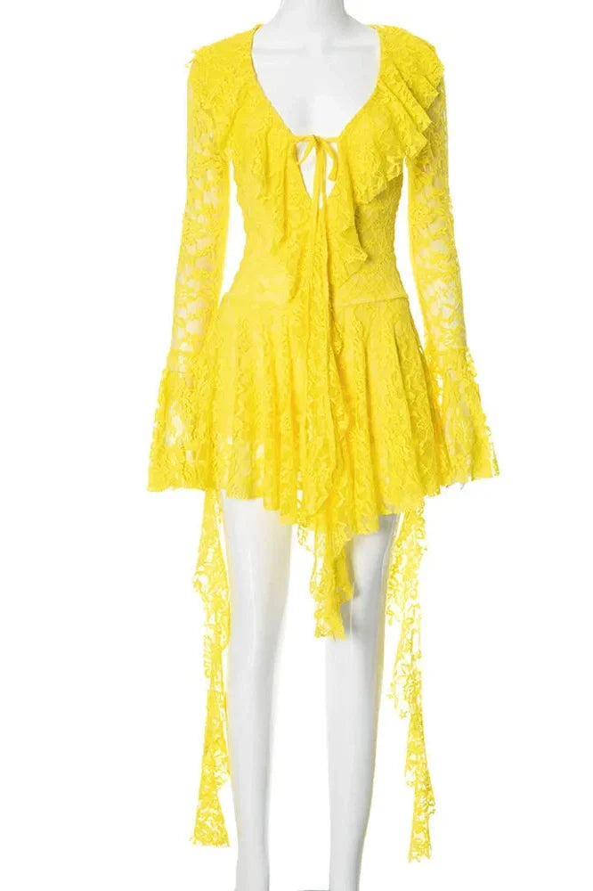 Lace Deep V Neck Long Sleeve A-line Mini Dress
